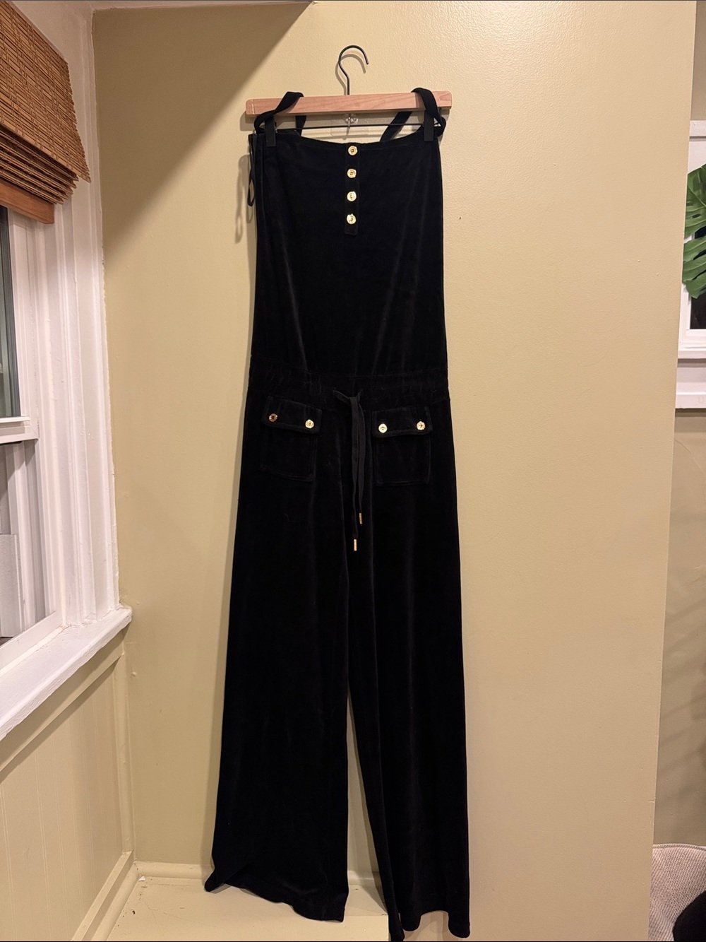 Juicy Couture Black Velvet Wide-Leg Jumpsuit with Gold Buttons